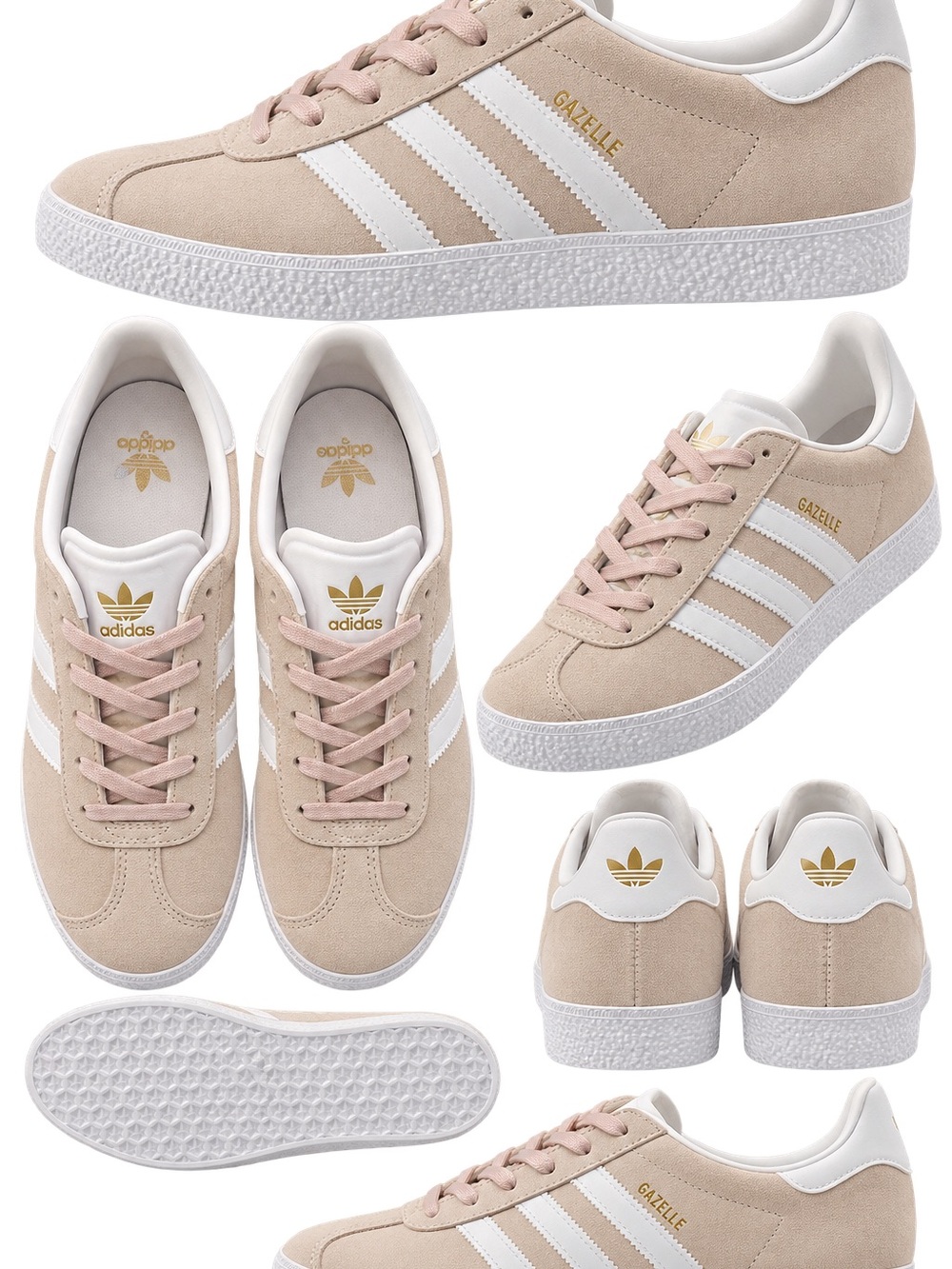 adidas Gazelle Women’s Suede Sneakers in Beige, White & Pink